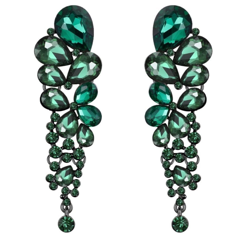 Gun Metal with Emerald Austrian Crystal Chandelier Statement Clip On Earrings